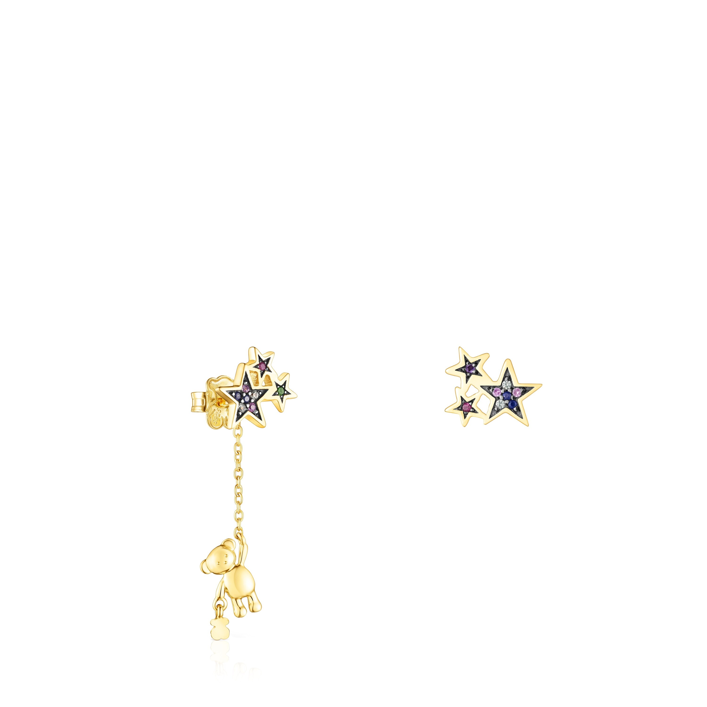 Short-long Silver Vermeil Teddy Bear Stars Earrings with Gemstones