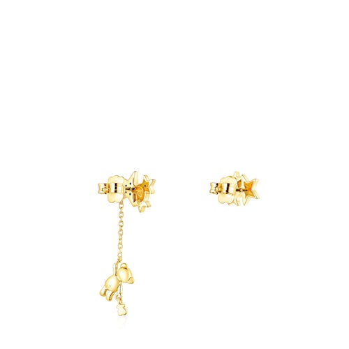 Short-long Silver Vermeil Teddy Bear Stars Earrings with Gemstones