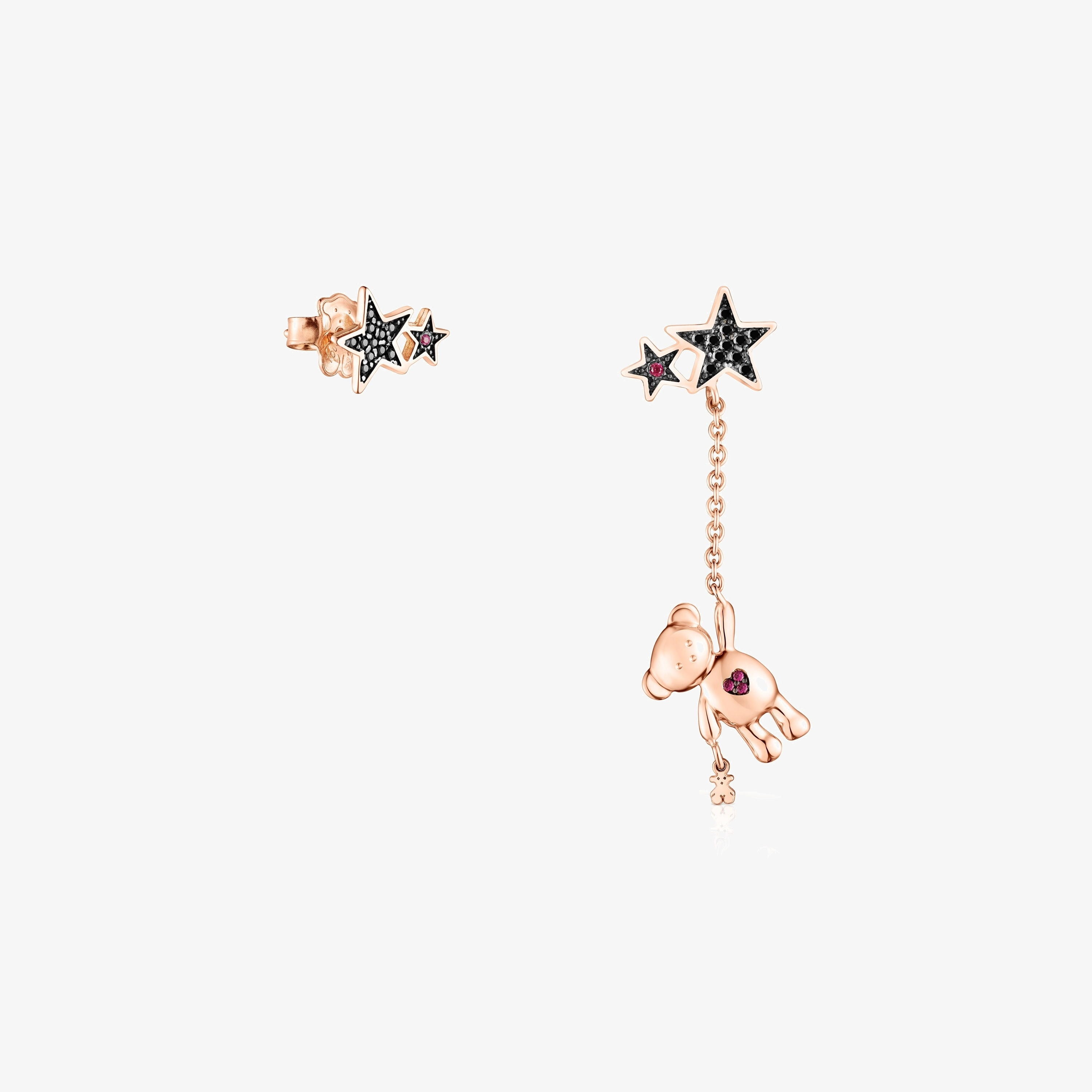 Short/long Rose Silver Vermeil Teddy Bear Stars Earrings with Spinel and Ruby