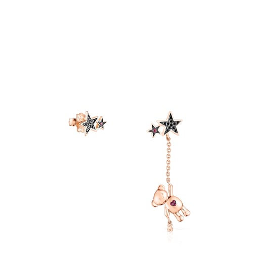 Short-long Rose Silver Vermeil Teddy Bear Stars Earrings with Spinel and Ruby