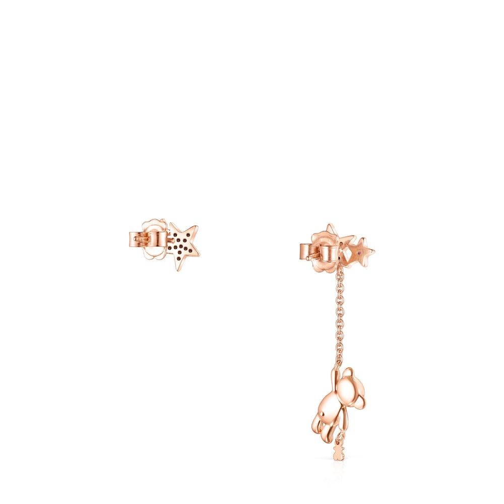 Short-long Rose Silver Vermeil Teddy Bear Stars Earrings with Spinel and Ruby