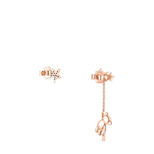 Short-long Rose Silver Vermeil Teddy Bear Stars Earrings with Spinel and Ruby