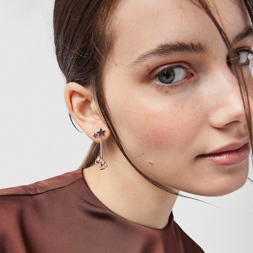 Short-long Rose Silver Vermeil Teddy Bear Stars Earrings with Spinel and Ruby