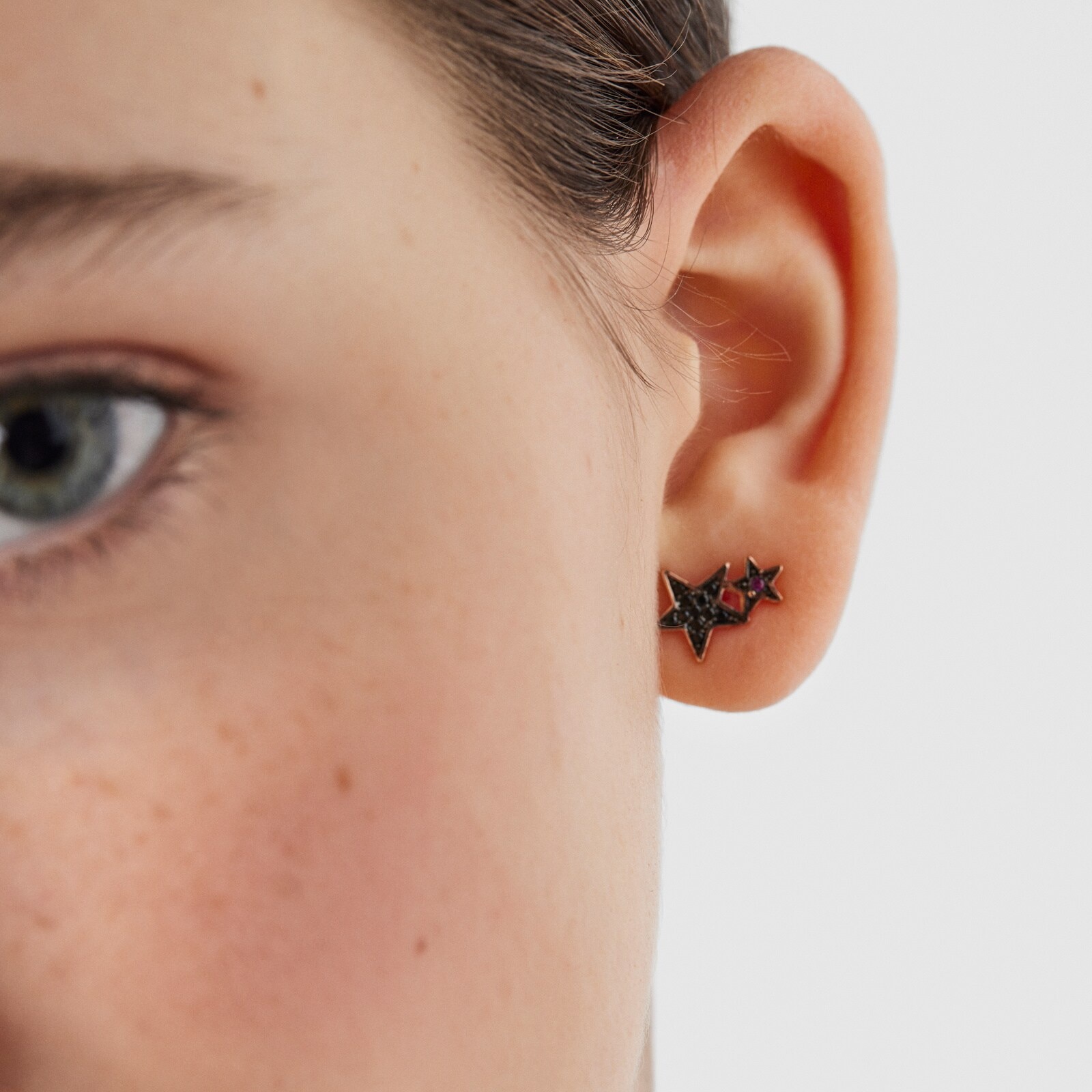 Short/long Rose Silver Vermeil Teddy Bear Stars Earrings with Spinel and Ruby