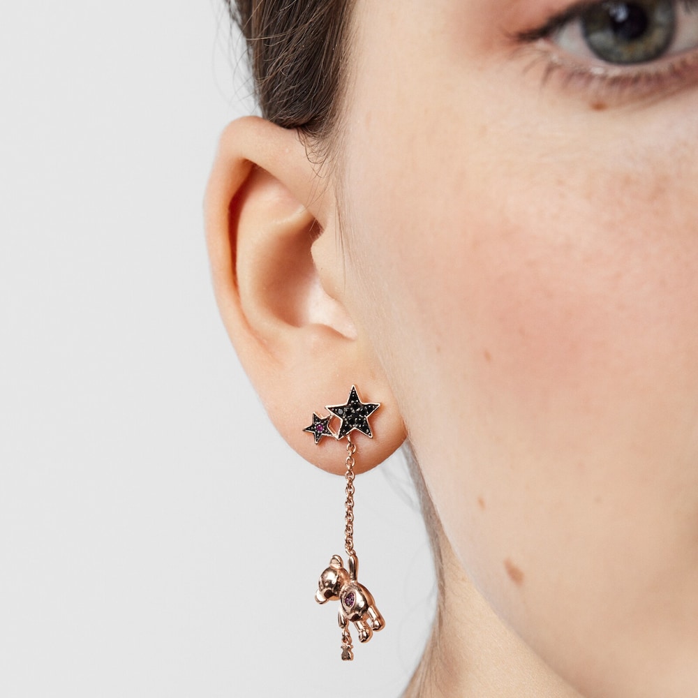 Short-long Rose Silver Vermeil Teddy Bear Stars Earrings with Spinel and Ruby