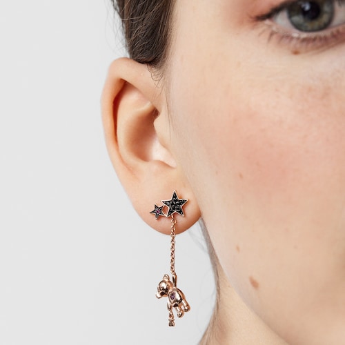 Short-long Rose Silver Vermeil Teddy Bear Stars Earrings with Spinel and Ruby