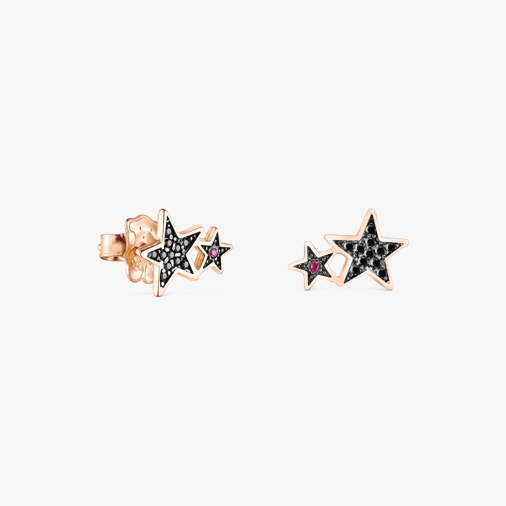 Aretes Teddy Bear Stars con ba&ntilde;o de oro rosa 18 kt sobre plata, espinela y rub&iacute;
