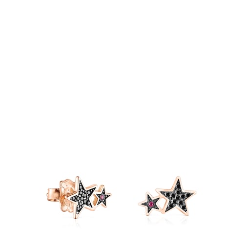 Pendientes con baño de oro rosa 18 kt sobre plata, espinela y rubí Teddy Bear Stars