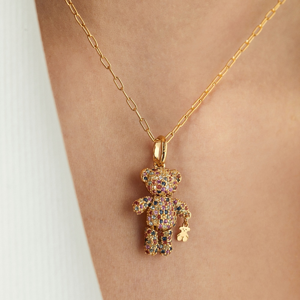 Silver Vermeil Teddy Bear Gems Pendant with Sapphires
