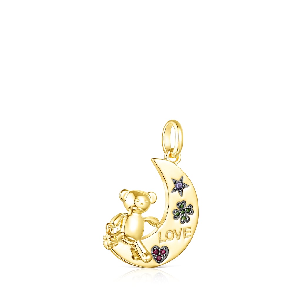 Colgante luna-oso con baño de oro 18 kt sobre plata y gemas Teddy Bear image number 1