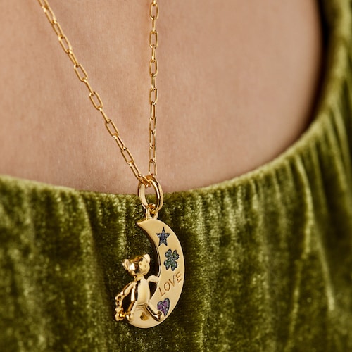 Colgante luna-oso con baño de oro 18 kt sobre plata y gemas Teddy Bear