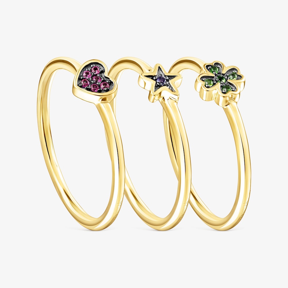 Pack de Anillos con ba&ntilde;o de oro 18 kt sobre plata con gemas Teddy Bear Stars