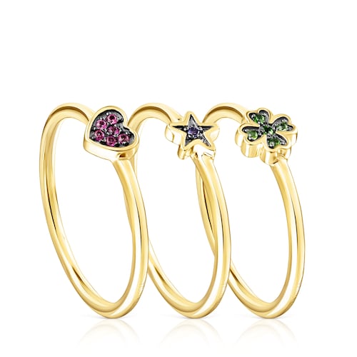 Pack de Anillos con ba&ntilde;o de oro 18 kt sobre plata con gemas Teddy Bear Stars image number 0