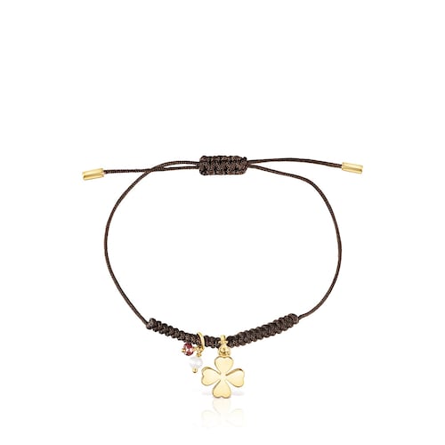 Silver Vermeil TOUS Good Vibes clover Bracelet with Gemstones and brown Cord