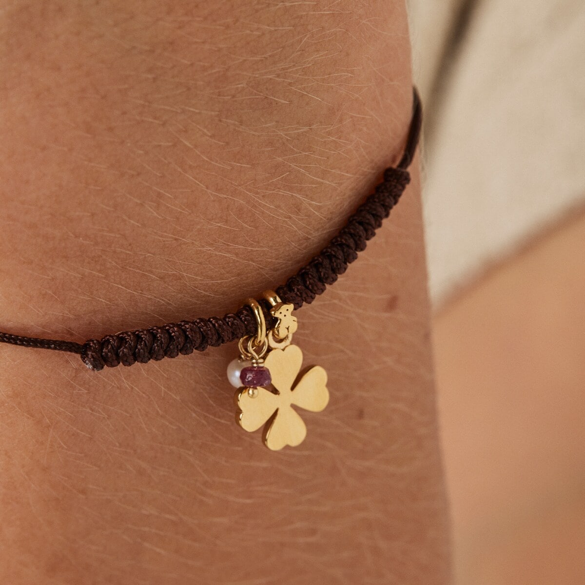 Silver Vermeil TOUS Good Vibes clover Bracelet with Gemstones and brown Cord