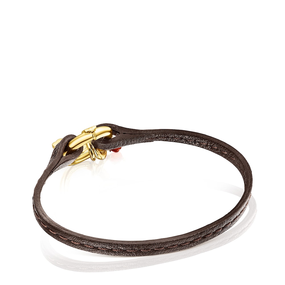 Pulsera tr&eacute;bol con ba&ntilde;o de oro 18 kt sobre plata, gemas y cuero marr&oacute;n TOUS Good Vibes