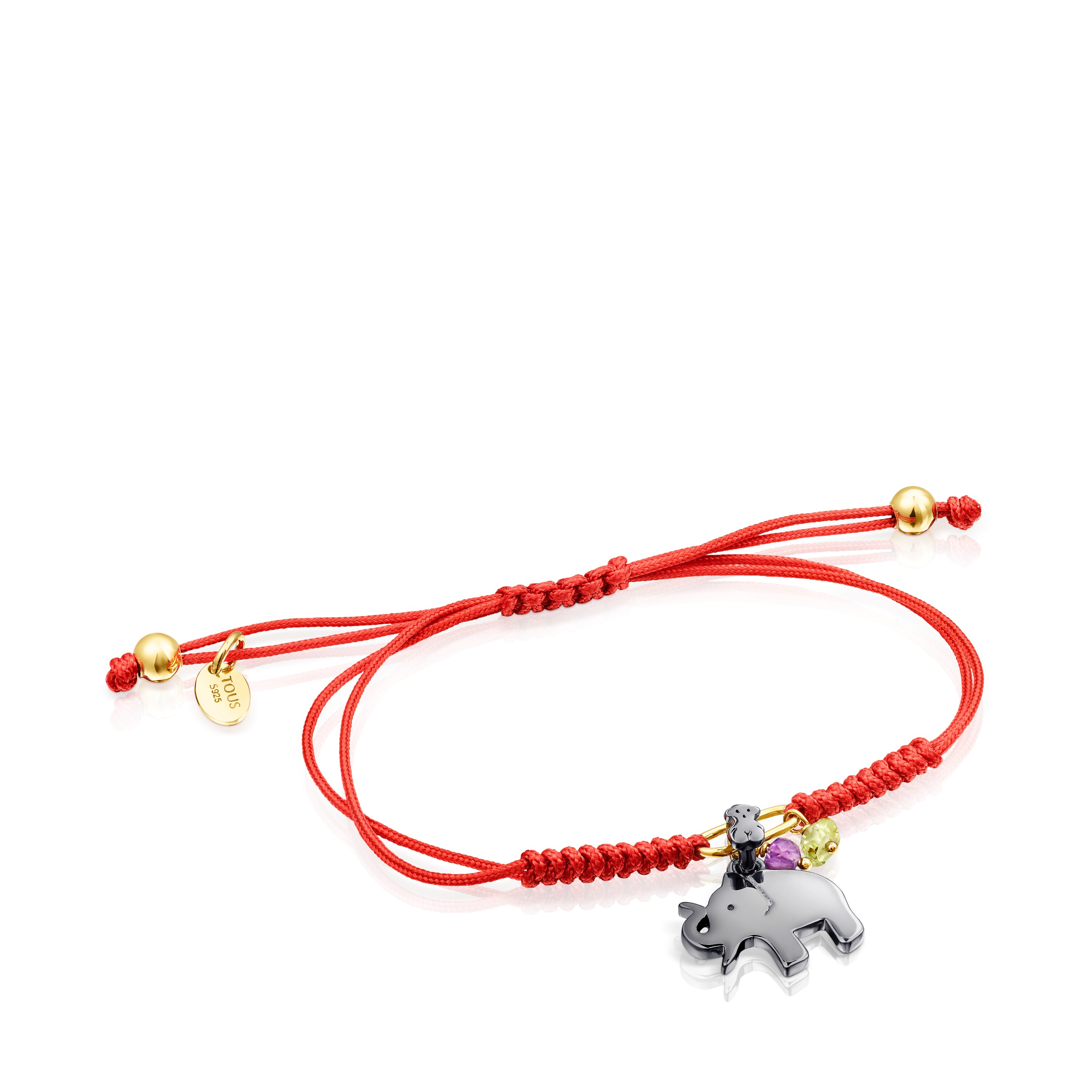 Dark Silver TOUS Good Vibes elephant Bracelet with Gemstones and red Cord