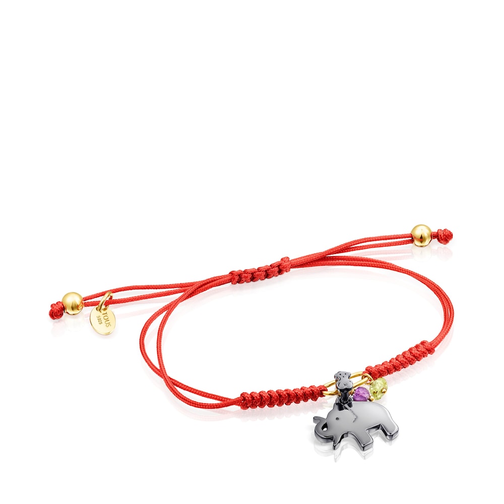 Dark Silver TOUS Good Vibes elephant Bracelet with Gemstones and red Cord