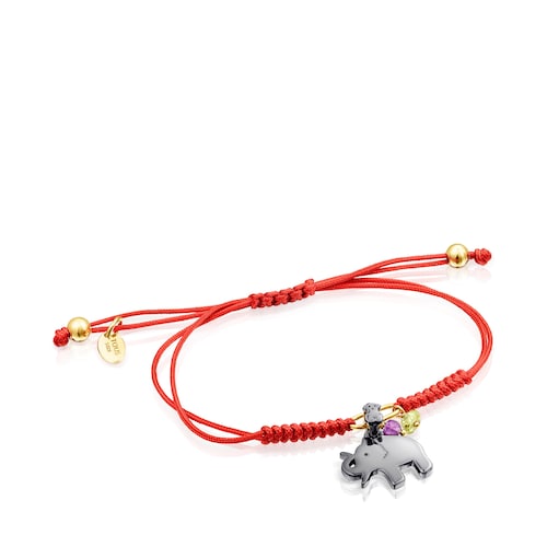 Pulsera elefante de plata dark silver, gemas y cordón rojo TOUS Good Vibes image number 0