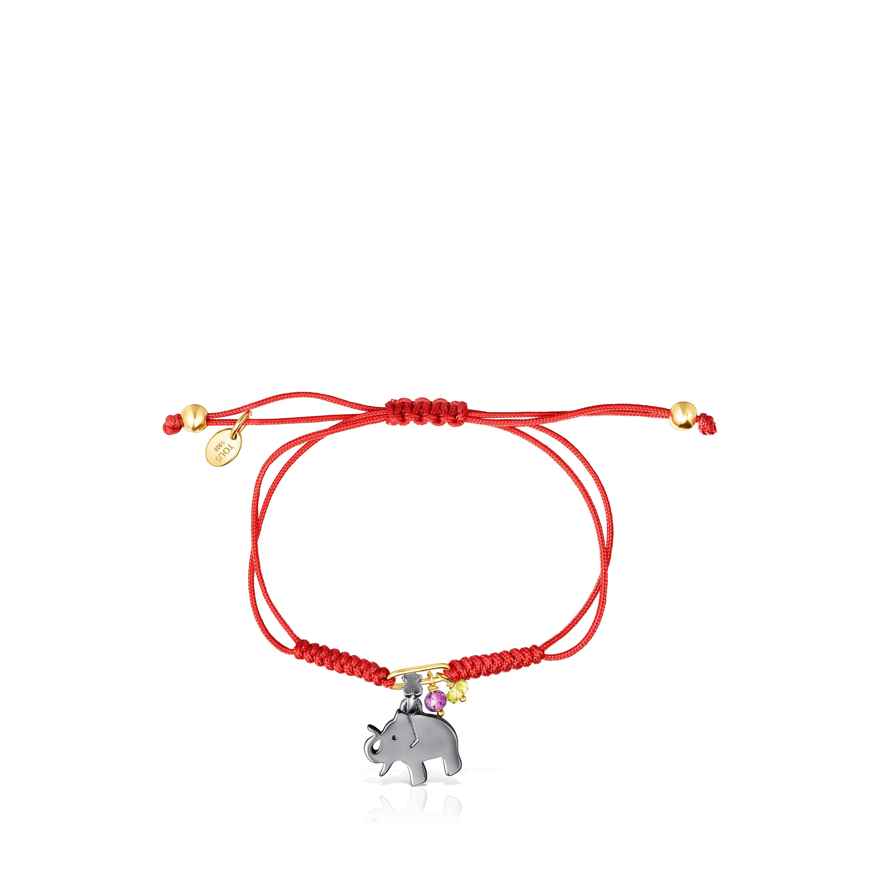 Dark Silver TOUS Good Vibes elephant Bracelet with Gemstones and red Cord
