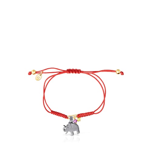 Bracelet TOUS Good Vibes &eacute;l&eacute;phant en Argent Dark Silver, Pierres pr&eacute;cieuses et Cordon rouge