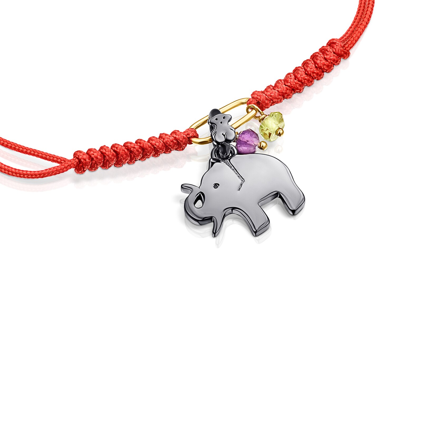 Dark Silver TOUS Good Vibes elephant Bracelet with Gemstones and red Cord