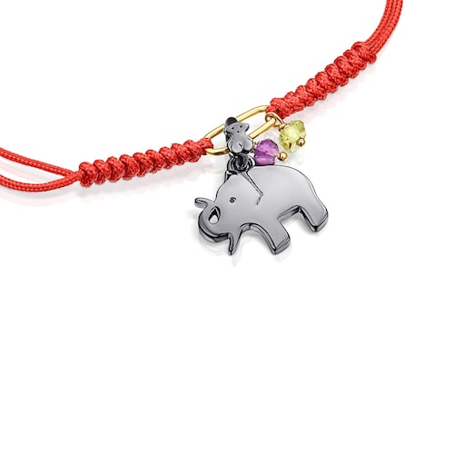 Bracelet TOUS Good Vibes &eacute;l&eacute;phant en Argent Dark Silver, Pierres pr&eacute;cieuses et Cordon rouge