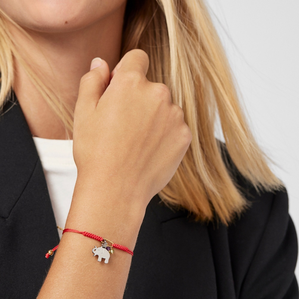 Dark Silver TOUS Good Vibes elephant Bracelet with Gemstones and red Cord
