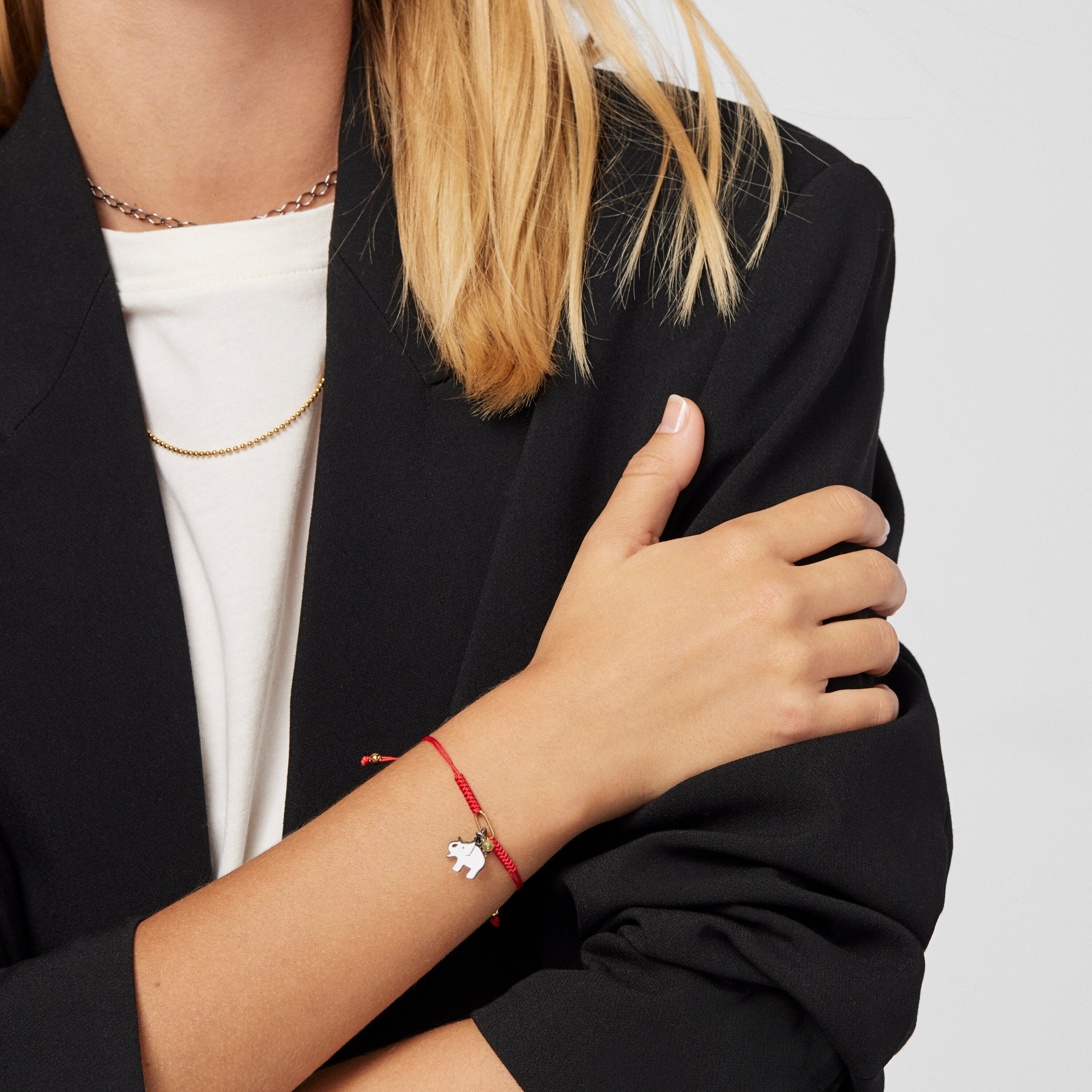 Dark Silver TOUS Good Vibes elephant Bracelet with Gemstones and red Cord