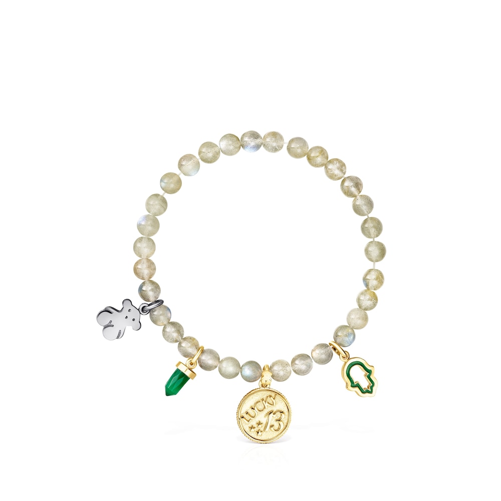 Pulsera TOUS Good Vibes de ba&ntilde;o de oro 18 kt sobre plata, plata dark silver y labradoritas