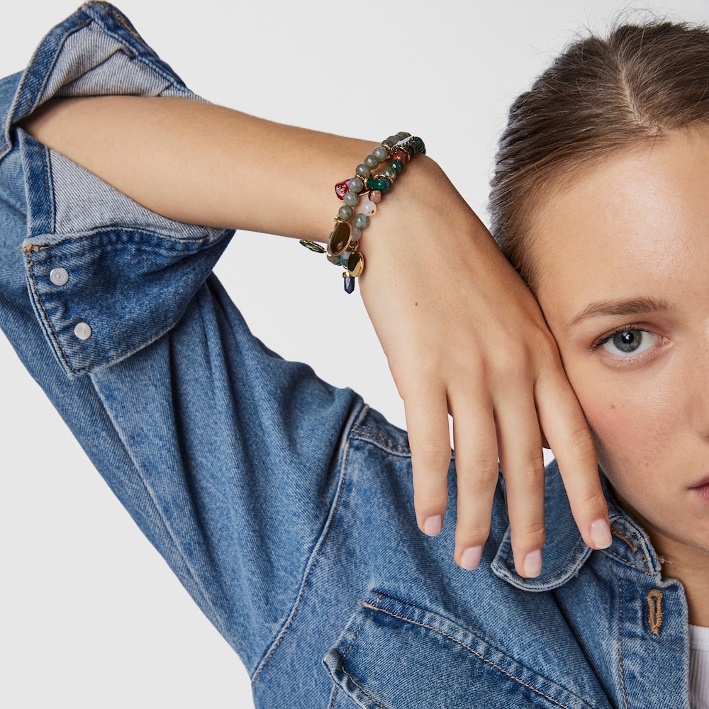 Pulsera TOUS Good Vibes de ba&ntilde;o de oro 18 kt sobre plata, plata dark silver y labradoritas