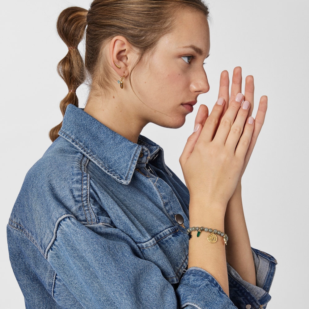 Pulsera TOUS Good Vibes de ba&ntilde;o de oro 18 kt sobre plata, plata dark silver y labradoritas