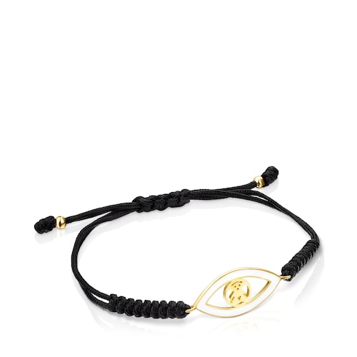 Pulsera ojo con ba&ntilde;o de oro 18 kt sobre plata y cord&oacute;n negro TOUS Good Vibes