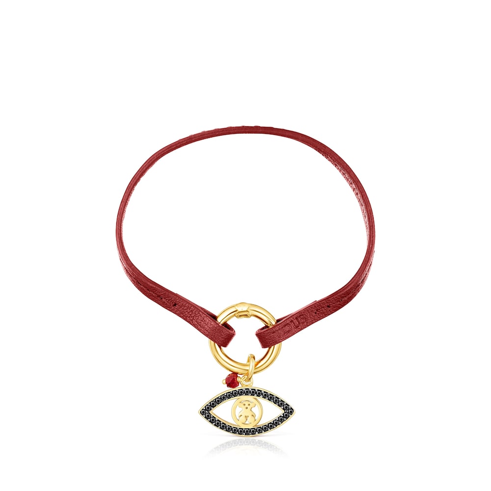Pulsera ojo con ba&ntilde;o de oro 18 kt sobre plata, gemas y cuero rojo TOUS Good Vibes