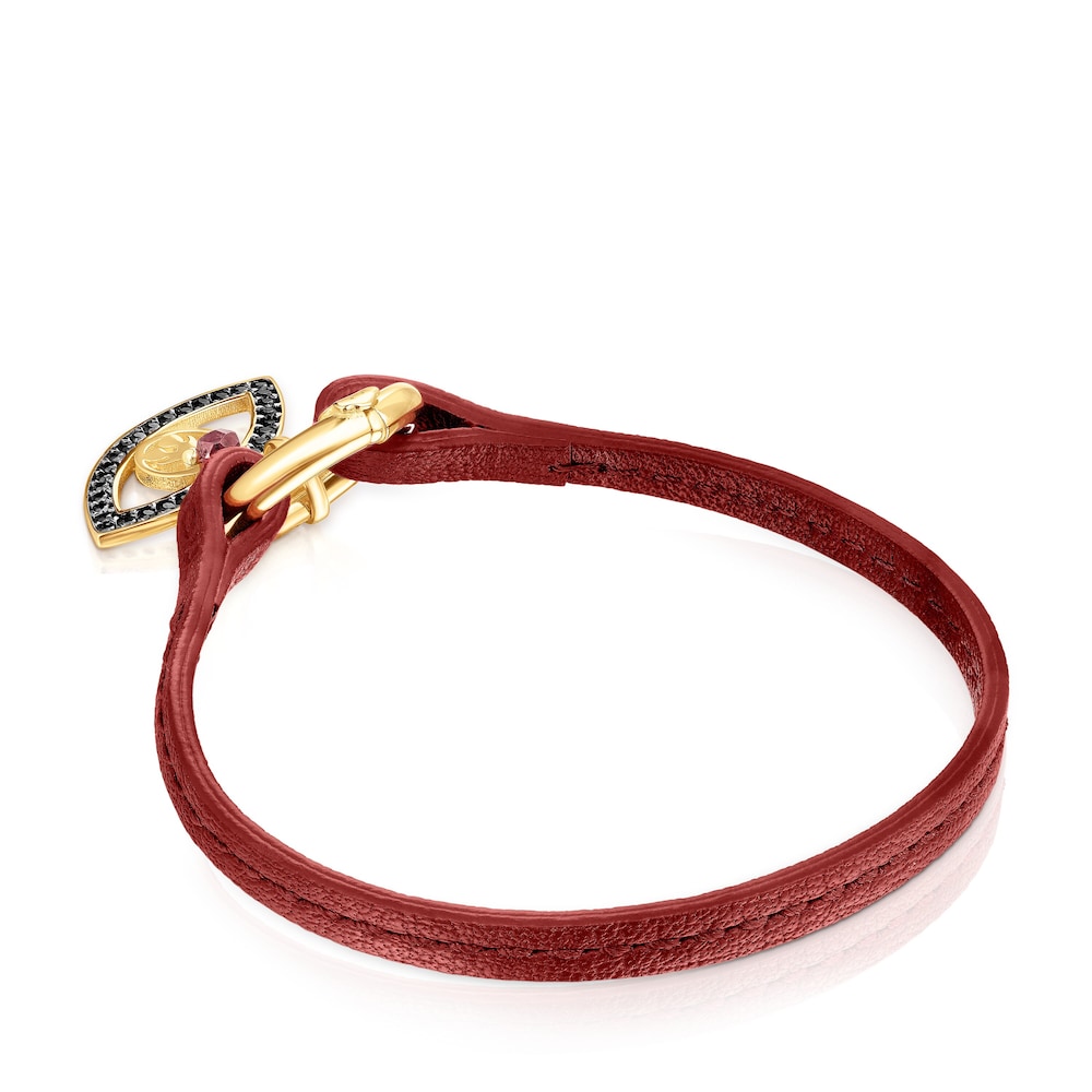 Pulsera ojo con ba&ntilde;o de oro 18 kt sobre plata, gemas y cuero rojo TOUS Good Vibes