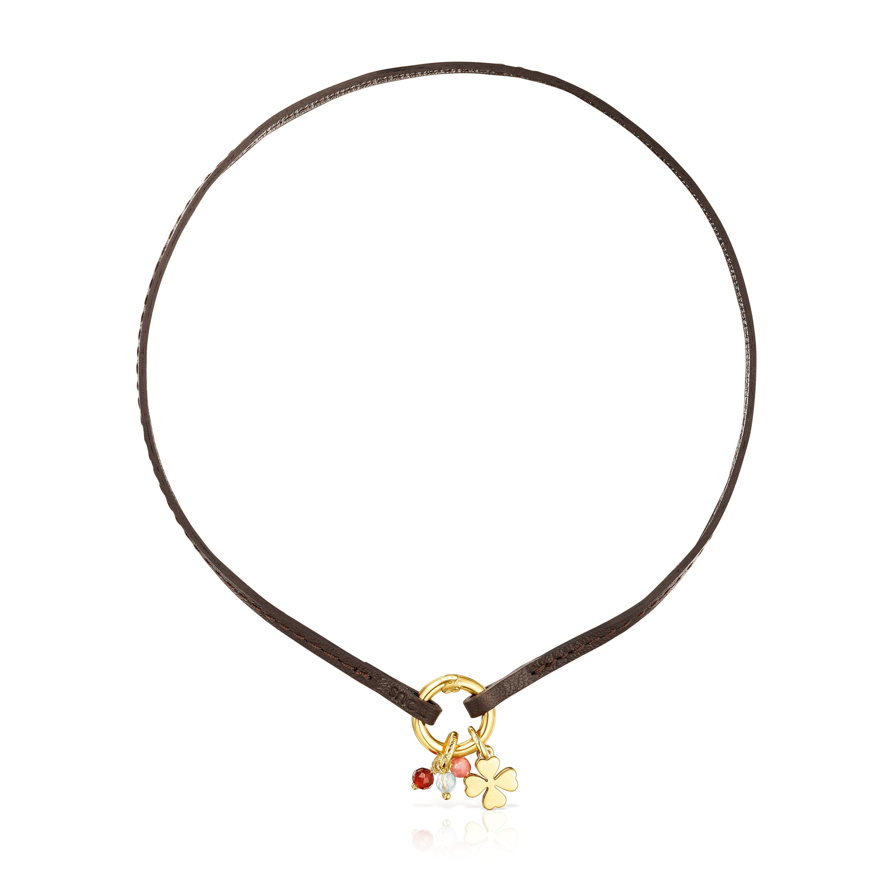 18K gold vermeil TOUS Good Vibes clover Necklace with Gemstones and brown Leather