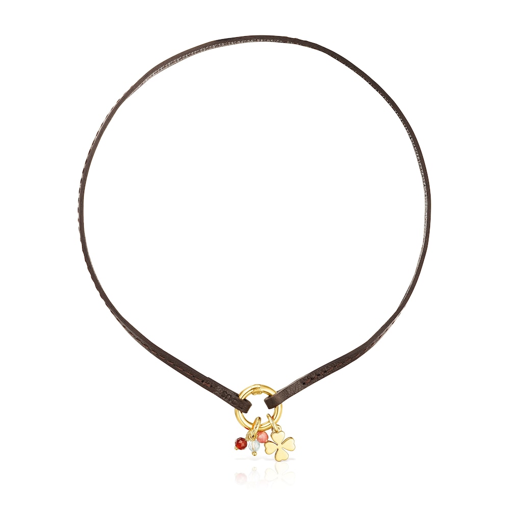 18K gold vermeil TOUS Good Vibes clover Necklace with Gemstones and brown Leather