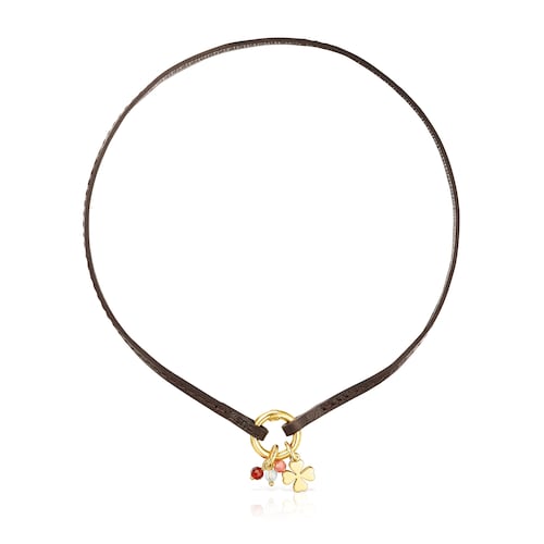 18K gold vermeil TOUS Good Vibes clover Necklace with Gemstones and brown Leather