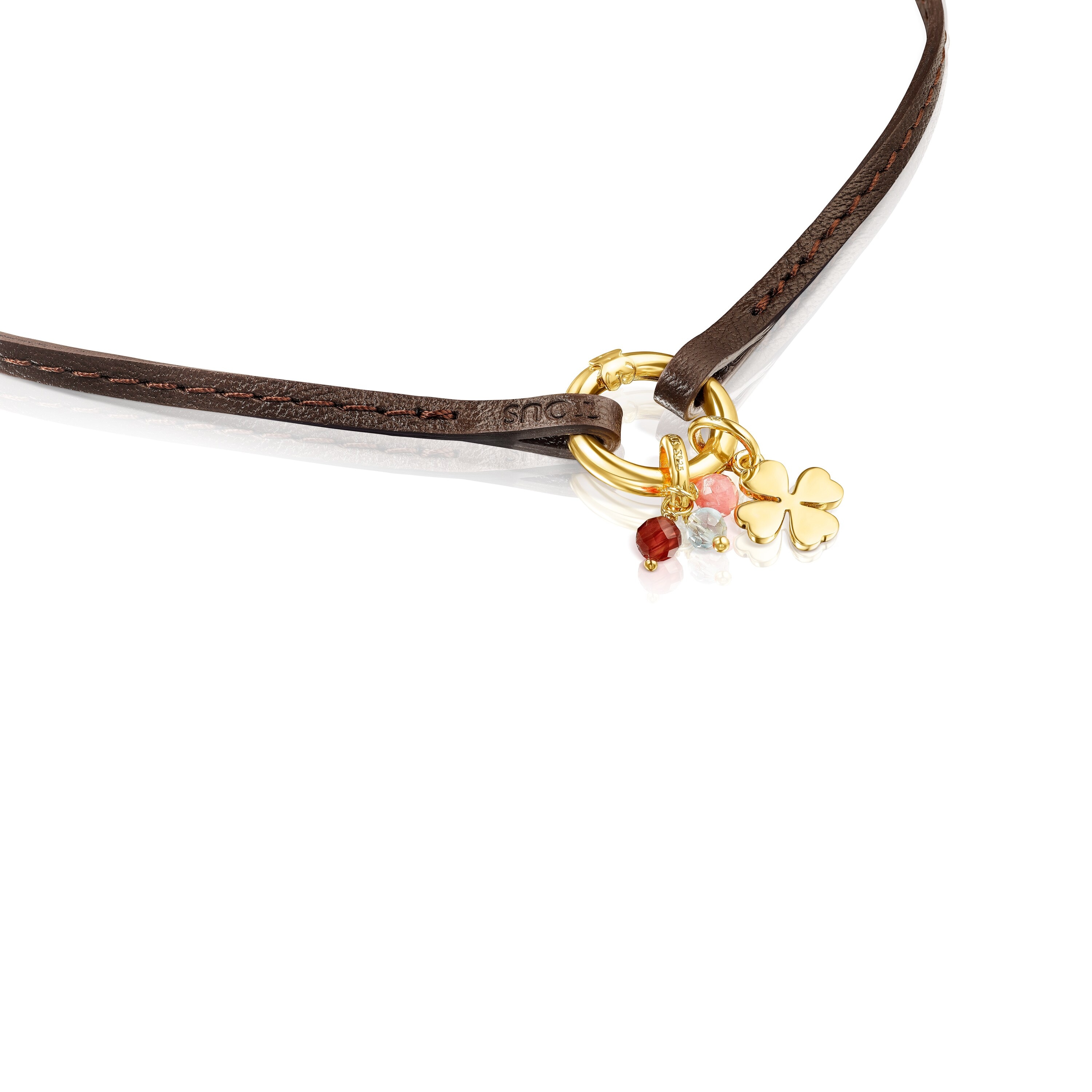 18K gold vermeil TOUS Good Vibes clover Necklace with Gemstones and brown Leather