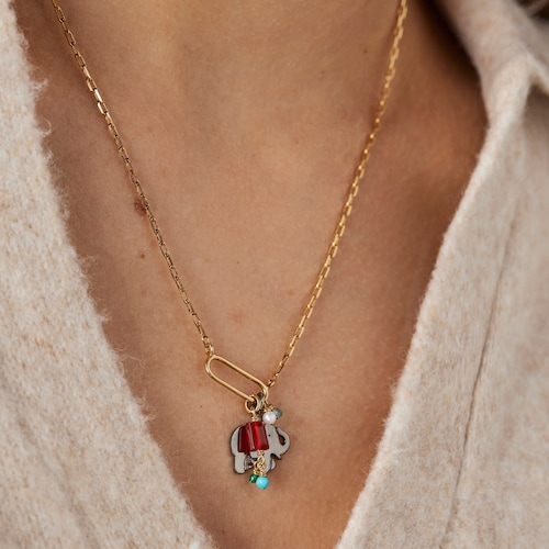 Silver Vermeil and Dark Silver Good Vibes elephant Necklace with Gemstones