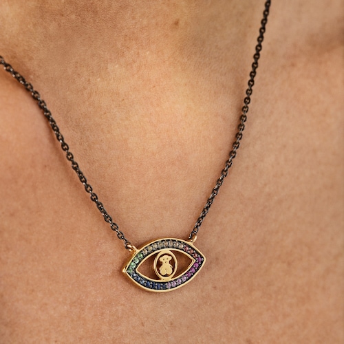 Collar ojo con baño de oro 18 kt sobre plata, plata dark silver y gemas TOUS Good Vibes