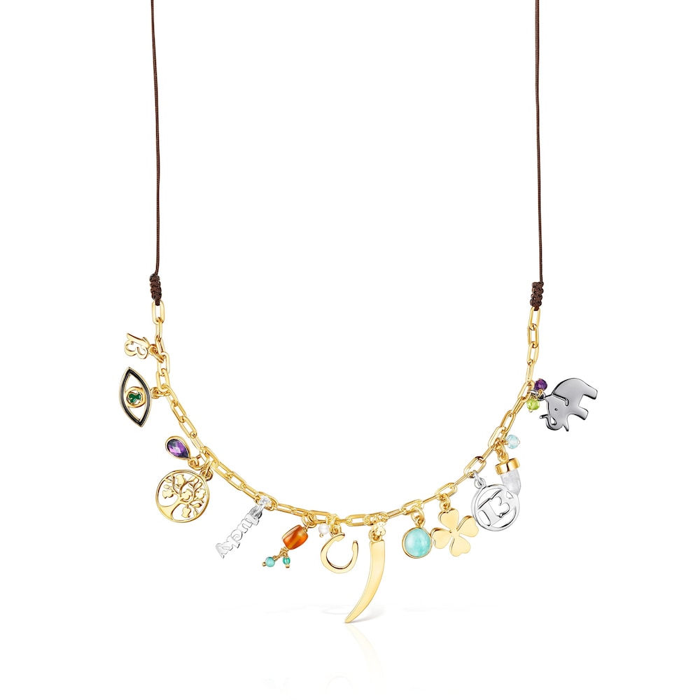 18K gold vermeil TOUS Good Vibes Necklace with Gemstones and brown Cord