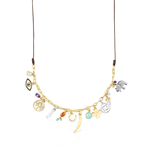 Colar TOUS Good Vibes em Prata Vermeil, Pedras Preciosas e Cord&atilde;o castanho