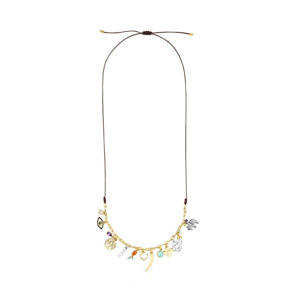 18K gold vermeil TOUS Good Vibes Necklace with Gemstones and brown Cord