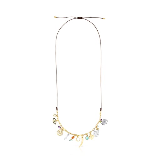 Silver Vermeil TOUS Good Vibes Necklace with Gemstones and brown Cord
