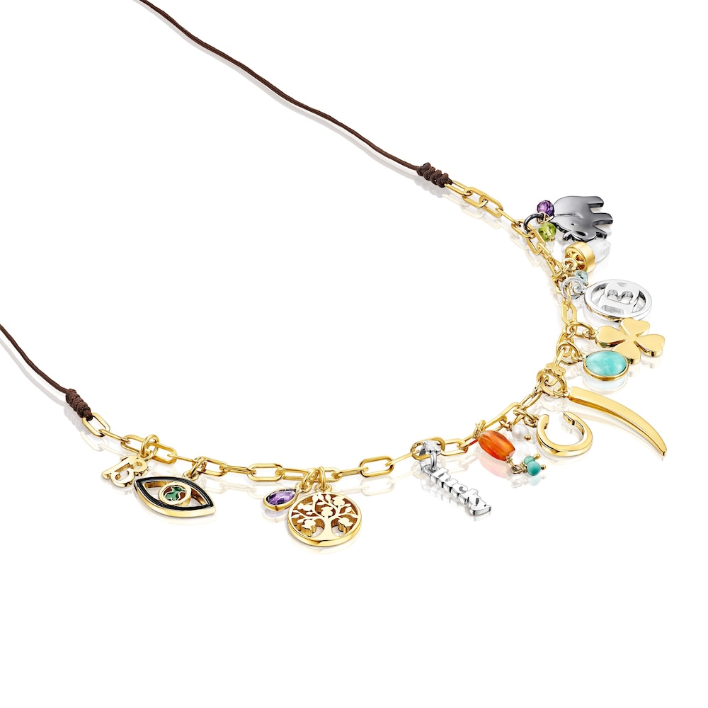 18K gold vermeil TOUS Good Vibes Necklace with Gemstones and brown Cord