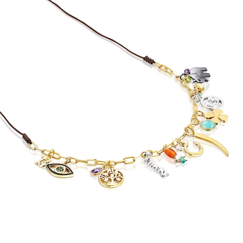 Silver Vermeil TOUS Good Vibes Necklace with Gemstones and brown Cord