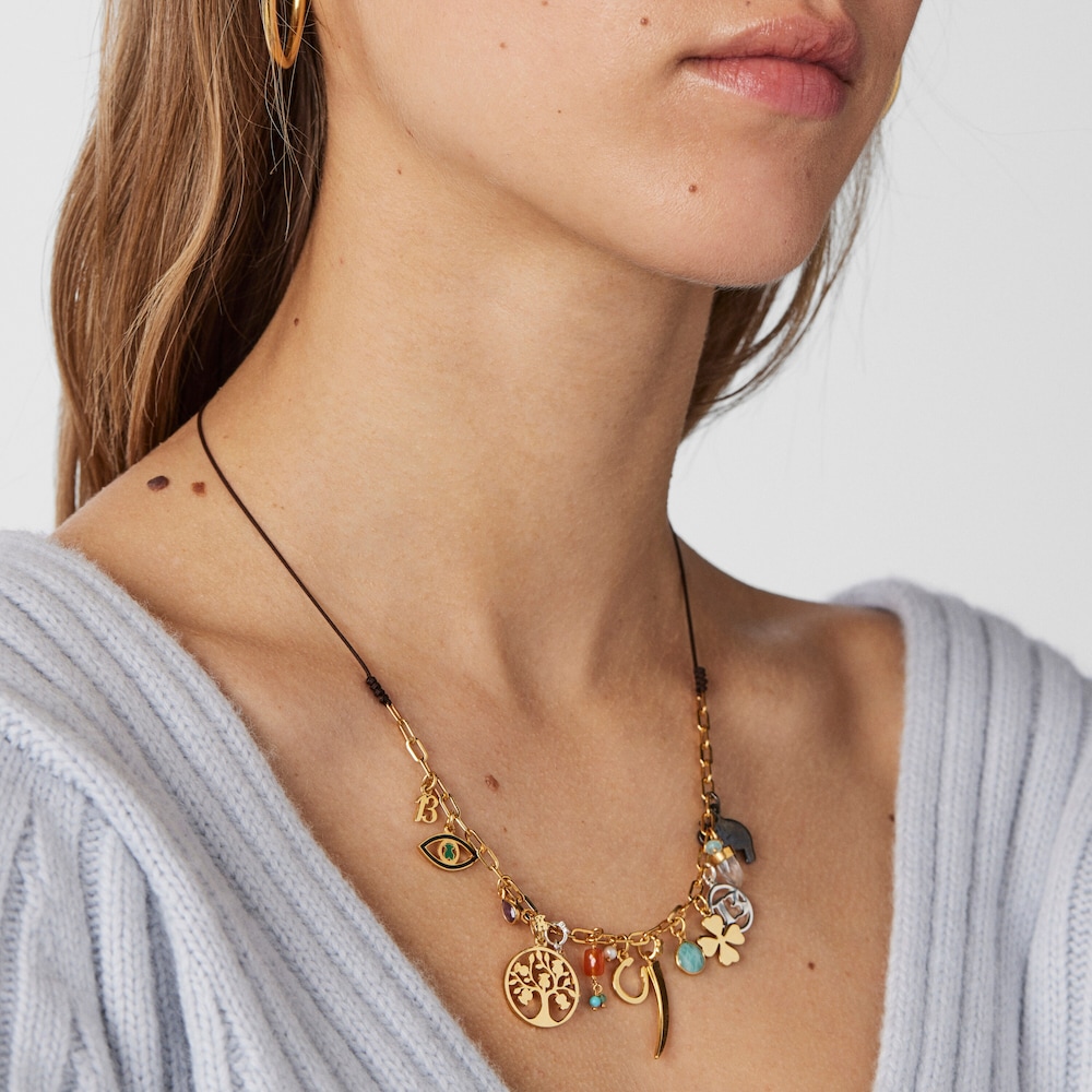 18K gold vermeil TOUS Good Vibes Necklace with Gemstones and brown Cord