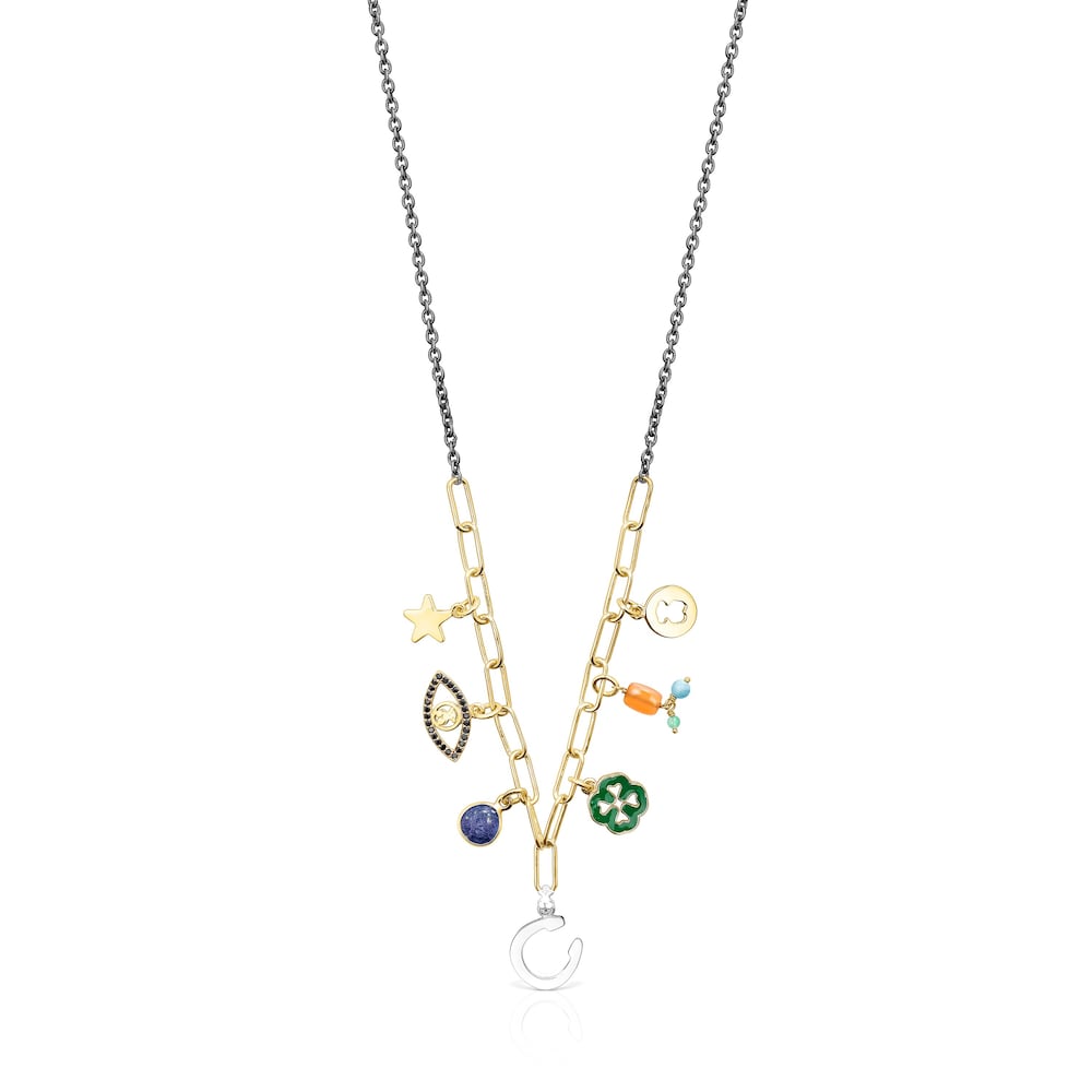 Silver Vermeil and Dark Silver TOUS Good Vibes charms Necklace with Gemstones
