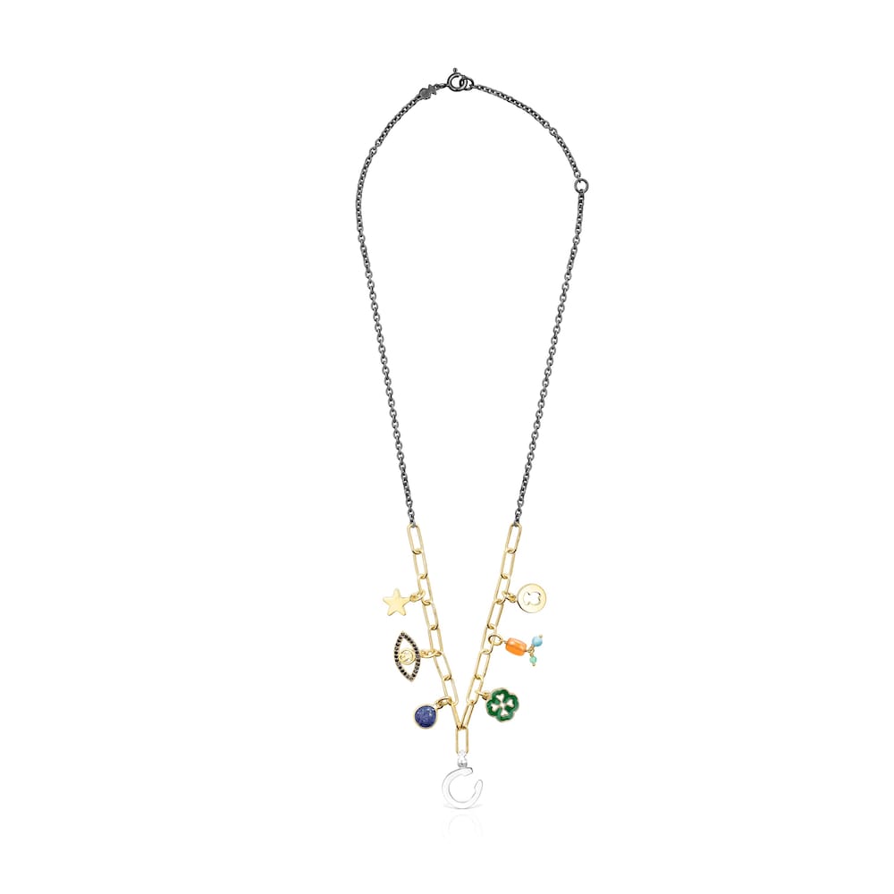 Silver Vermeil and Dark Silver TOUS Good Vibes charms Necklace with Gemstones